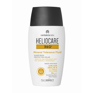 Heliocare - mineral tolerance fluid. A white bottle with a black flip top and Heliocare branding.