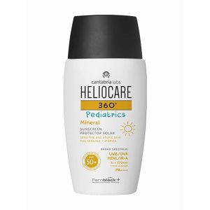 Heliocare - pediatrics atopic lotion sunscreen. A white bottle with a black flip top and Heliocare branding.